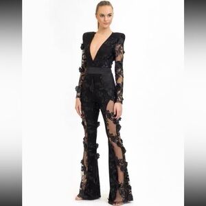 Zhivago Black Sheer Floral Appliqué Deep-V Jumpsuit